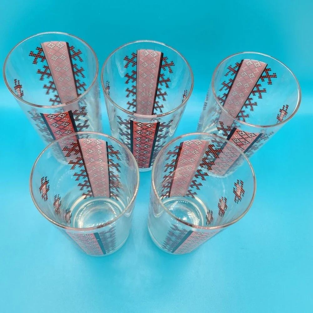 Red Black And White Design Glasses 4.5 Inches Tall Tumblers Set of 5